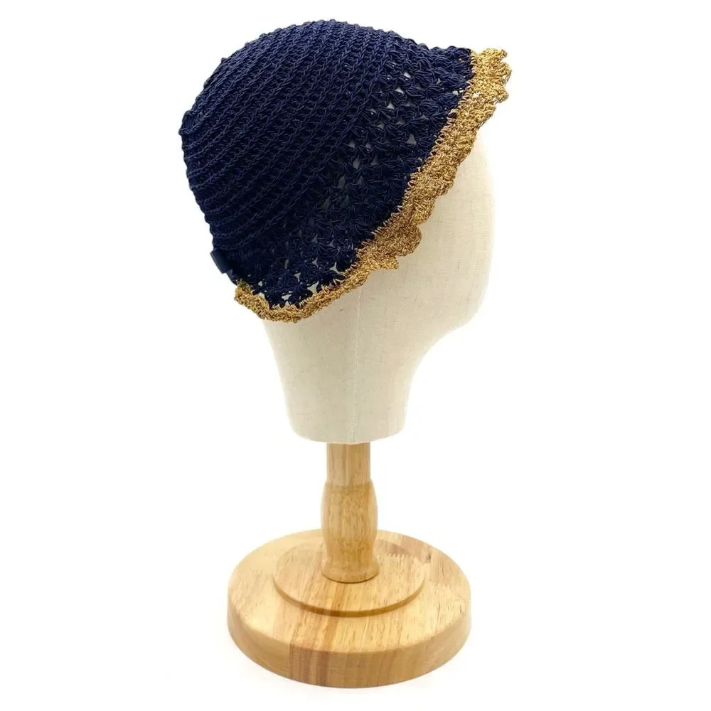 Vintage 1930s Navy Crochet Cloche Hat Gold Lace Trim Ribbon Bow Women’s One Size - Picture 5 of 14